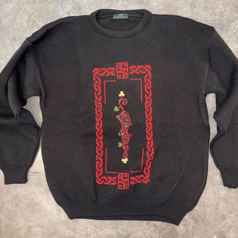 Emerald Isle L‎ Embroidered Ireland Chunky Tight Knit Grandpa Sweater St Patrick
